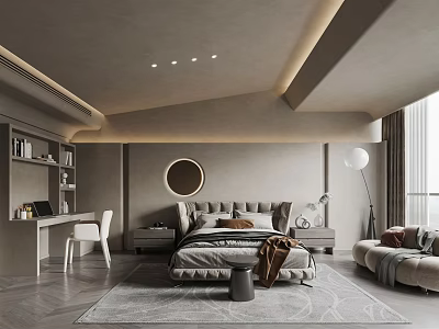 Modern Bedroom Interior Design With Upholstered Bed Round Mirror Desk Chair And Area Rug 3d model