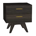 Stylish Dark Wood Bedside Table With Two Drawers Golden Handles And Three Legs