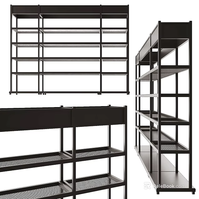 Black Metal Multi Tier Shelving Unit with Open Storage Design and Display Angles 3d model 