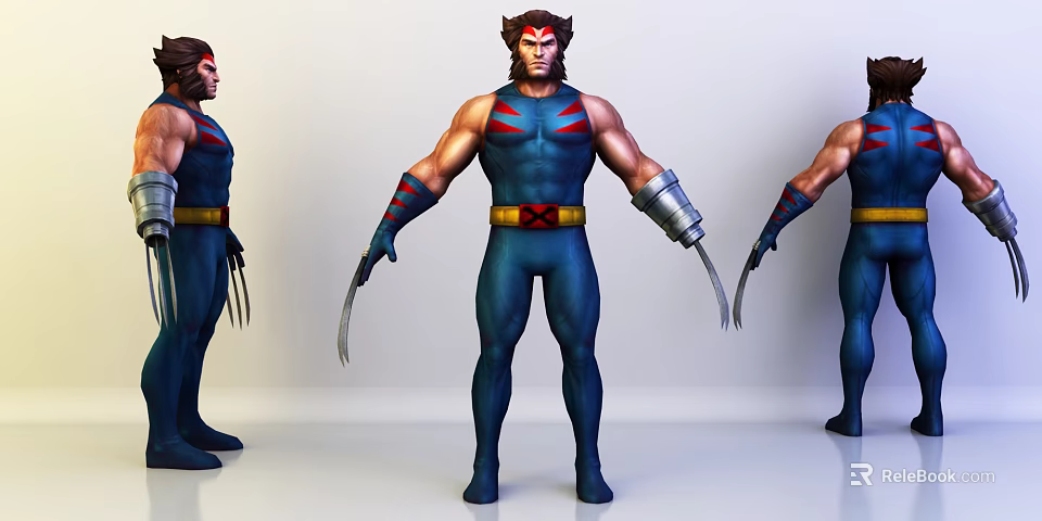 Game And Movie Character Wolverine In Blue Costume With Red Stripes And Metal Claws 3d model 
