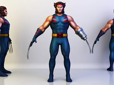 Game And Movie Character Wolverine In Blue Costume With Red Stripes And Metal Claws 3d model