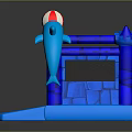 Colorful Blue Inflatable Castle with Dolphin Shapes Red and White Ball Castle Door and Step