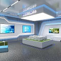 Modern Exhibition Hall Interior With Reception Desk Blue Sofas Display Screens Lighting And Polished Floor