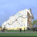Modern Industrial Factory Building Featuring Glass Curtain Wall Geometric Structure Night Lighting Lawn And Pedestrians