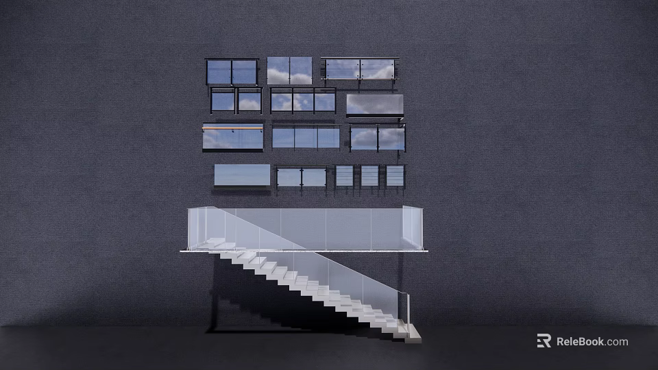 Modern Stair Railing Design With Glass Panels And Windows On Gray Background 3d model