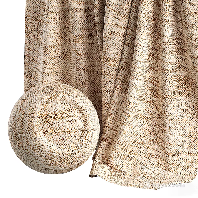 Natural Fiber Woven Curtains With Decorative Rattan Ball And Beige Texture 3d model 