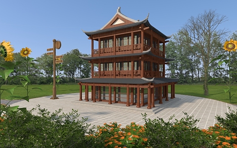 Chinese ancient building garden pavilion rest pavilion rest stool park sign 3d model