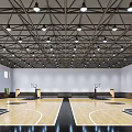 Indoor Basketball Court With Wooden Floor Ceiling Lights And Basketball Hoops 3d model