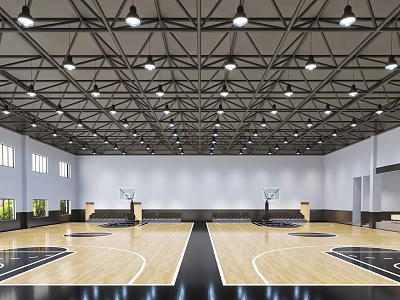 Indoor Basketball Court With Wooden Floor Ceiling Lights And Basketball Hoops 3d model
