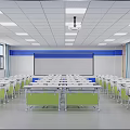 School Modern Classroom With White Desks Green Leg Chairs Large Screen Blue Decorations And Windows