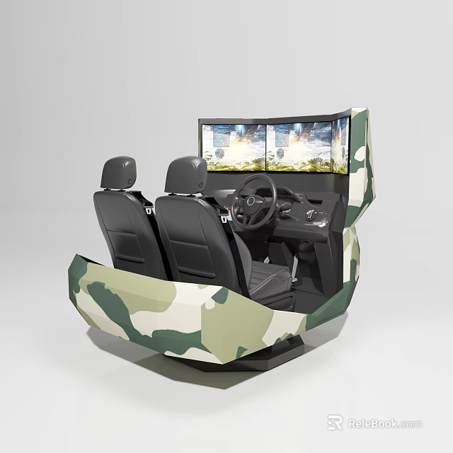 Camouflage Designed Driving Simulator Entertainment Appliance With Two Black Seats Steering Wheel And Large Screen 3d model 
