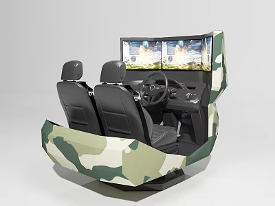 Camouflage Designed Driving Simulator Entertainment Appliance With Two Black Seats Steering Wheel And Large Screen 3d model