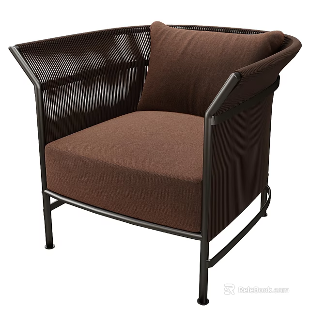 Modern Single Sofa With Brown Fabric Cushion And Black Metal Frame Design 3d model 