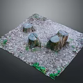 Wooden Tree Stumps Display Natural Scene With Fallen Leaves And Green Plants