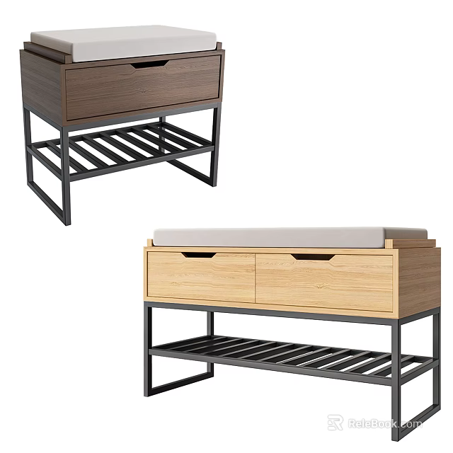 Modern Wooden Sofa Bench With Metal Frame Drawers And Storage Shelf 3d model 