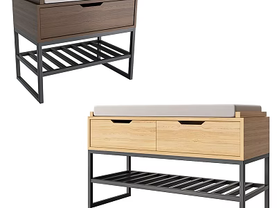 Modern Wooden Sofa Bench With Metal Frame Drawers And Storage Shelf 3d model