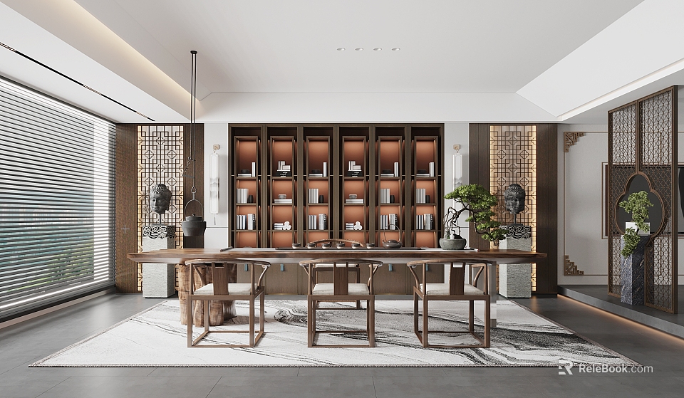 Modern Tea Room Interior Design With Wooden Bookshelves Long Table Chairs And Green Plants 3d model 