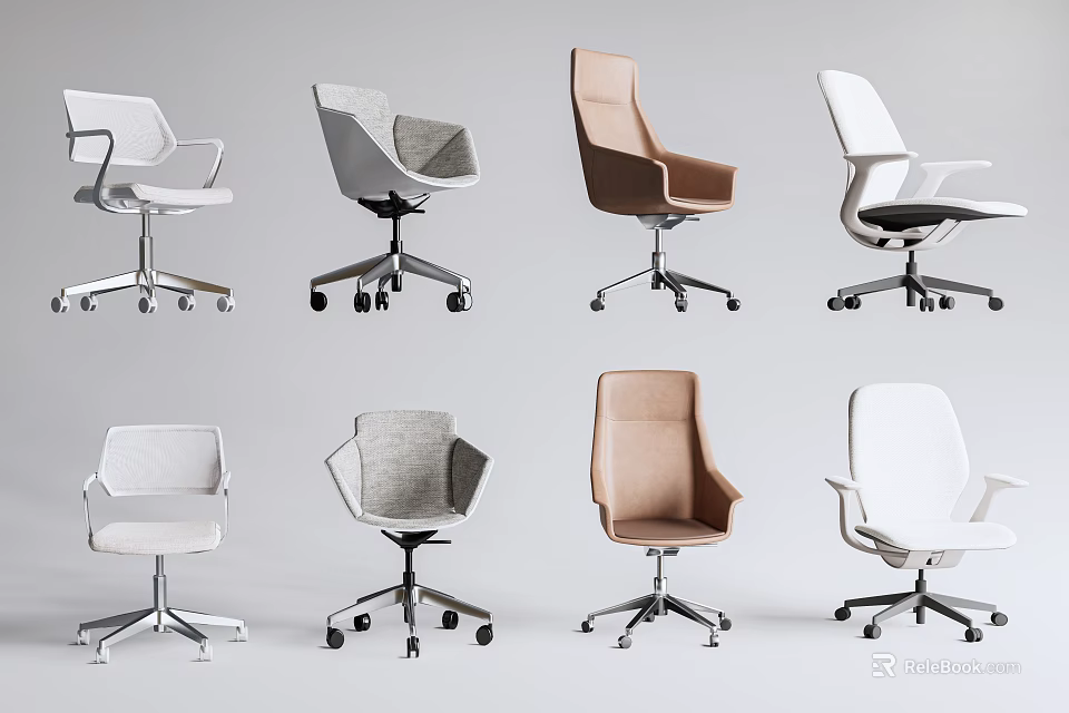 Modern Office Chairs With Various Designs Different Colors in White Gray Brown And Wheels 3d model 