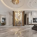 Modern Dining and Living Room Interior With Round Chandelier Marble Floor And Chairs