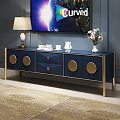 Stylish Blue TV Stand with Gold Circular Details Curved TV Lamp Books and Vase
