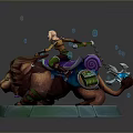 Warrior Character Riding Armored Lion Like Creature With Purple Saddle On Glowing Stone Base