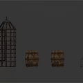 Vintage Household Supplies With Metal Birdcage Wooden Barrels And Small Decorative Lantern