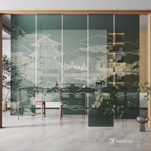 Green Venetian Blinds With Traditional Landscape Architecture Patterns In Modern Interior 3d model 