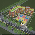 Kindergarten School Building With Green Roof Brick Exterior And Colorful Playground Surrounding Trees