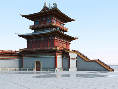 Ancient Traditional Chinese Architecture With Multi tiered Roof Red Wooden Structure And Stone Steps Square 3d model