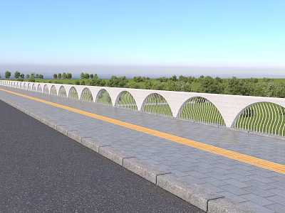 White Arched Railings With Curved Patterns Along Roadside And Green Trees Under Blue Sky 3d model