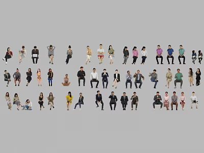 Group of People in Various Poses and Different Clothing Arranged in Rows 3d model
