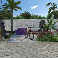 Bicycle Parked In Garden With Stone Wall Palm Tree And Purple Sofa