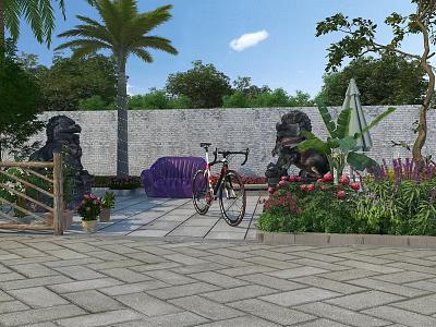 Bicycle Parked In Garden With Stone Wall Palm Tree And Purple Sofa 3d model