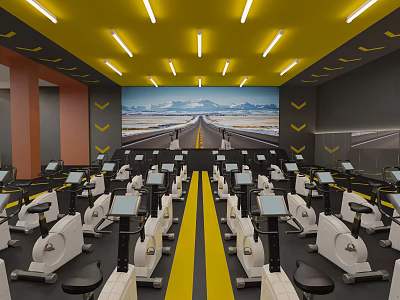 Spacious Fitness Gym With Rows Of Exercise Bikes And Large Screen 3d model