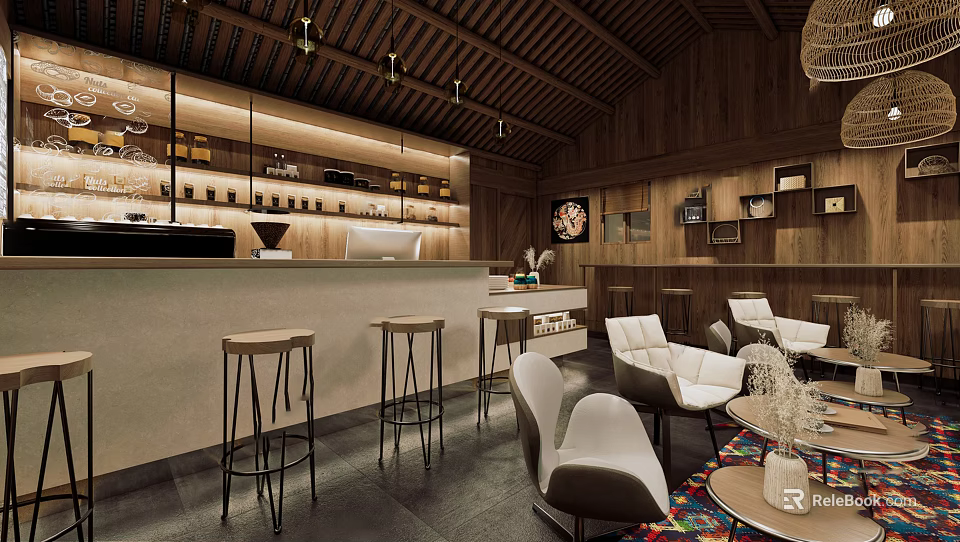 Cozy Cafe Interior With Wooden Ceiling Bar Counter High Stools And White Chairs 3d model 