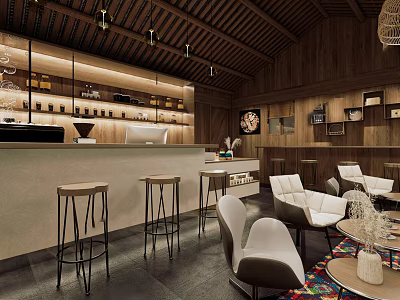 Cozy Cafe Interior With Wooden Ceiling Bar Counter High Stools And White Chairs 3d model