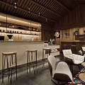 Cozy Cafe Interior With Wooden Ceiling Bar Counter High Stools And White Chairs
