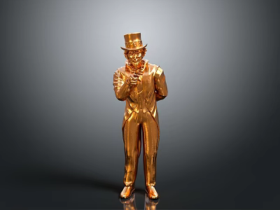 Golden Man Statue In Suit With Top Hat Pointing Forward Figure 3d model