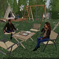 Garden Landscape With Lush Grass Wooden Deck Campfire Area Trees Rock And Parked Vehicles