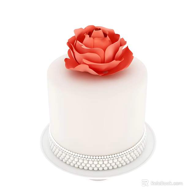 White Frosted Cake With Red Rose On Top And Pearl Border Decoration 3d model 