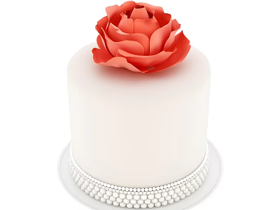 White Frosted Cake With Red Rose On Top And Pearl Border Decoration 3d model