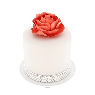 White Frosted Cake With Red Rose On Top And Pearl Border Decoration 3d model