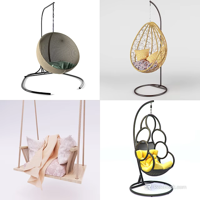 Stylish Hanging Chairs With Various Designs Rattan Fabric And Comfortable Cushions 3d model 