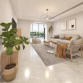 Open Dining and Living Area With Rattan Chairs Orange Pendant Lights Marble Island White Cabinets