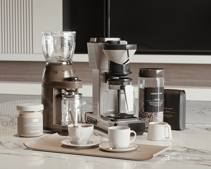 Modern Kitchen Appliances With Blender Coffee Maker Jars And Mugs On Marble Countertop 3d model 