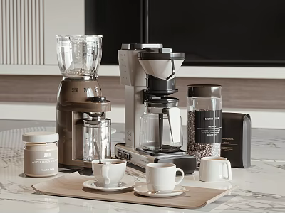 Modern Kitchen Appliances With Blender Coffee Maker Jars And Mugs On Marble Countertop 3d model