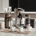 Modern Kitchen Appliances With Blender Coffee Maker Jars And Mugs On Marble Countertop