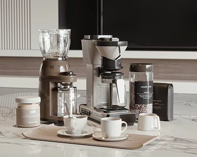Modern Kitchen Appliances With Blender Coffee Maker Jars And Mugs On Marble Countertop 3d model