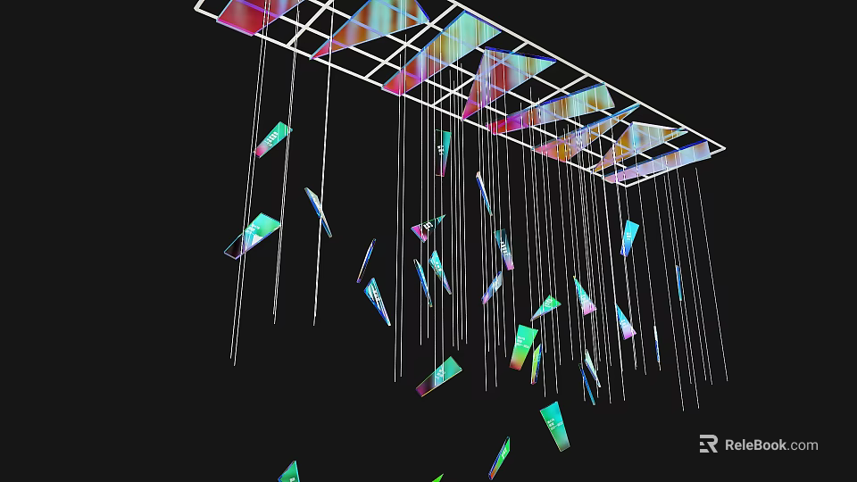 Colorful Geometric Pendants Hanging From Ceiling As Indoor Decorative Space Ornament 3d model 
