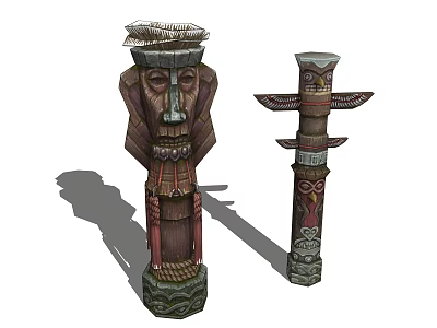 Carved Wooden Totem Poles With Facial Designs And Decorative Traditional Art 3d model